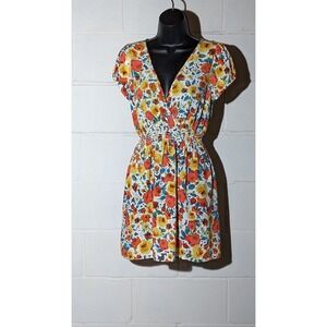 As U Wish Floral Print Dress Short Sleeve V-Neck Smocked Waist Summer Small